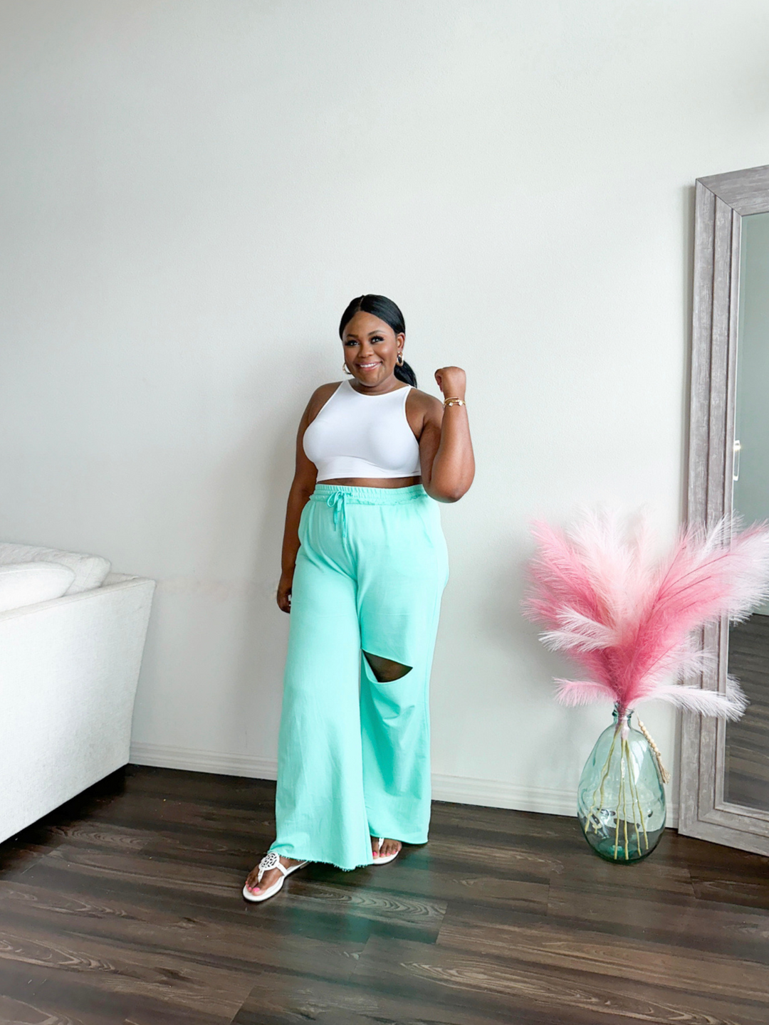 Too Blessed to be Distressed Laser Cutout Pants (Money Mint) - Eb and Flo