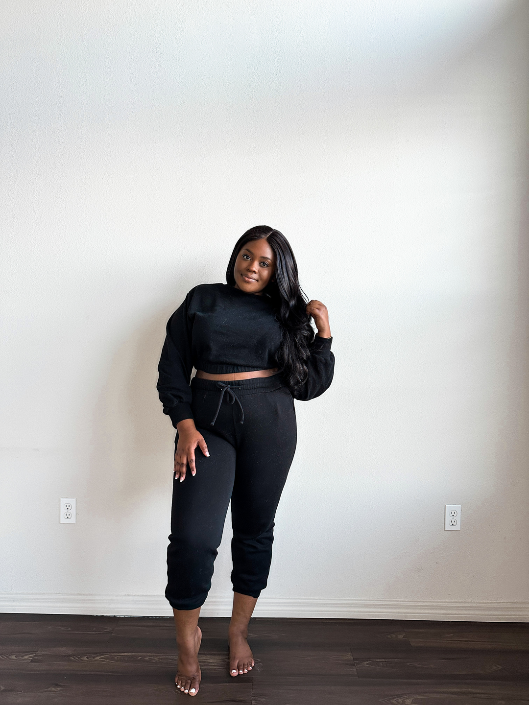 Catch a Flight Cropped Pullover and Jogger Set (Black) - FINAL SALE - Eb and Flo