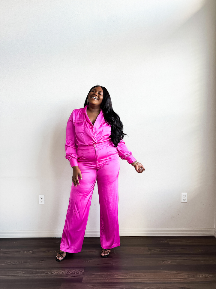 She's Very Rich Long Sleeve Satin Pant Set (Hot Pink) - FINAL SALE - Eb and Flo