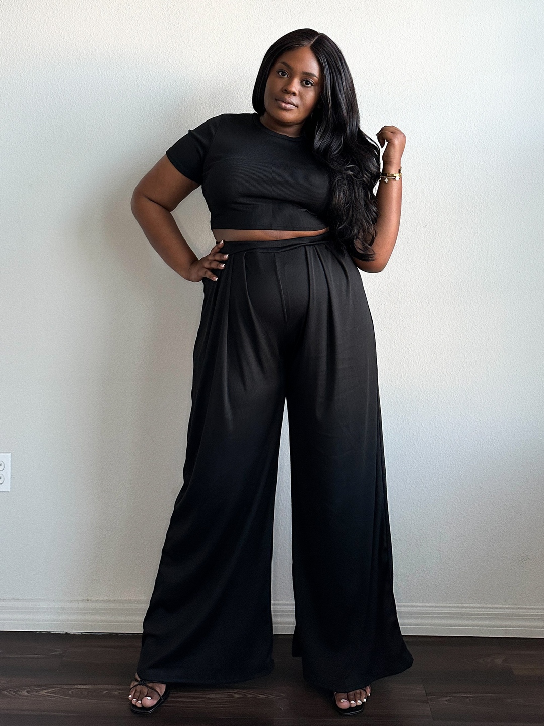 Keep it Classy Crop Top Wide Leg Pant Set-Black [PRE-ORDER EST. TO SHIP 4/19-4/24] - Eb and Flo