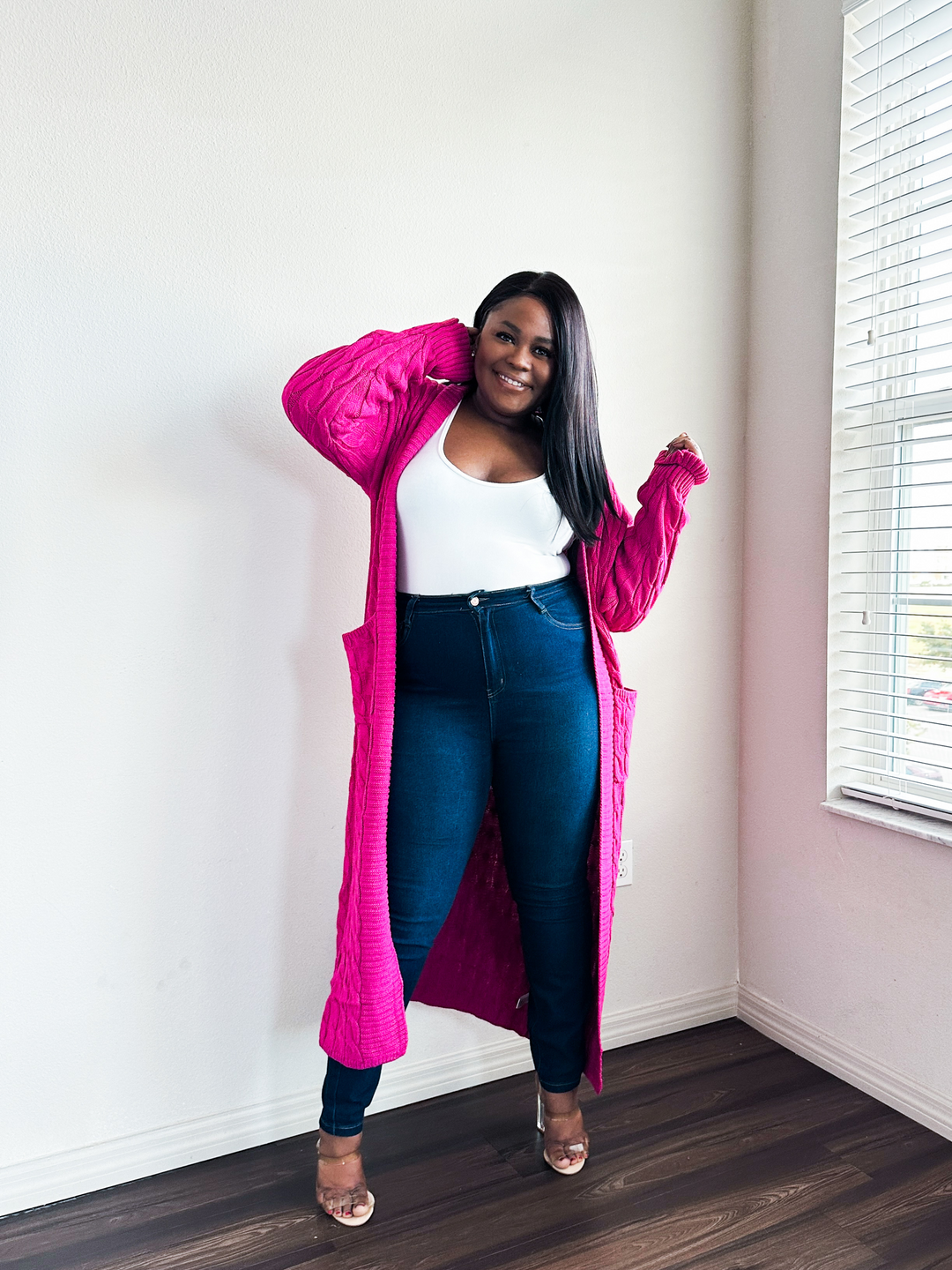 Soft Life Long Cable Knit Cardigan (Hot Pink) - Eb and Flo