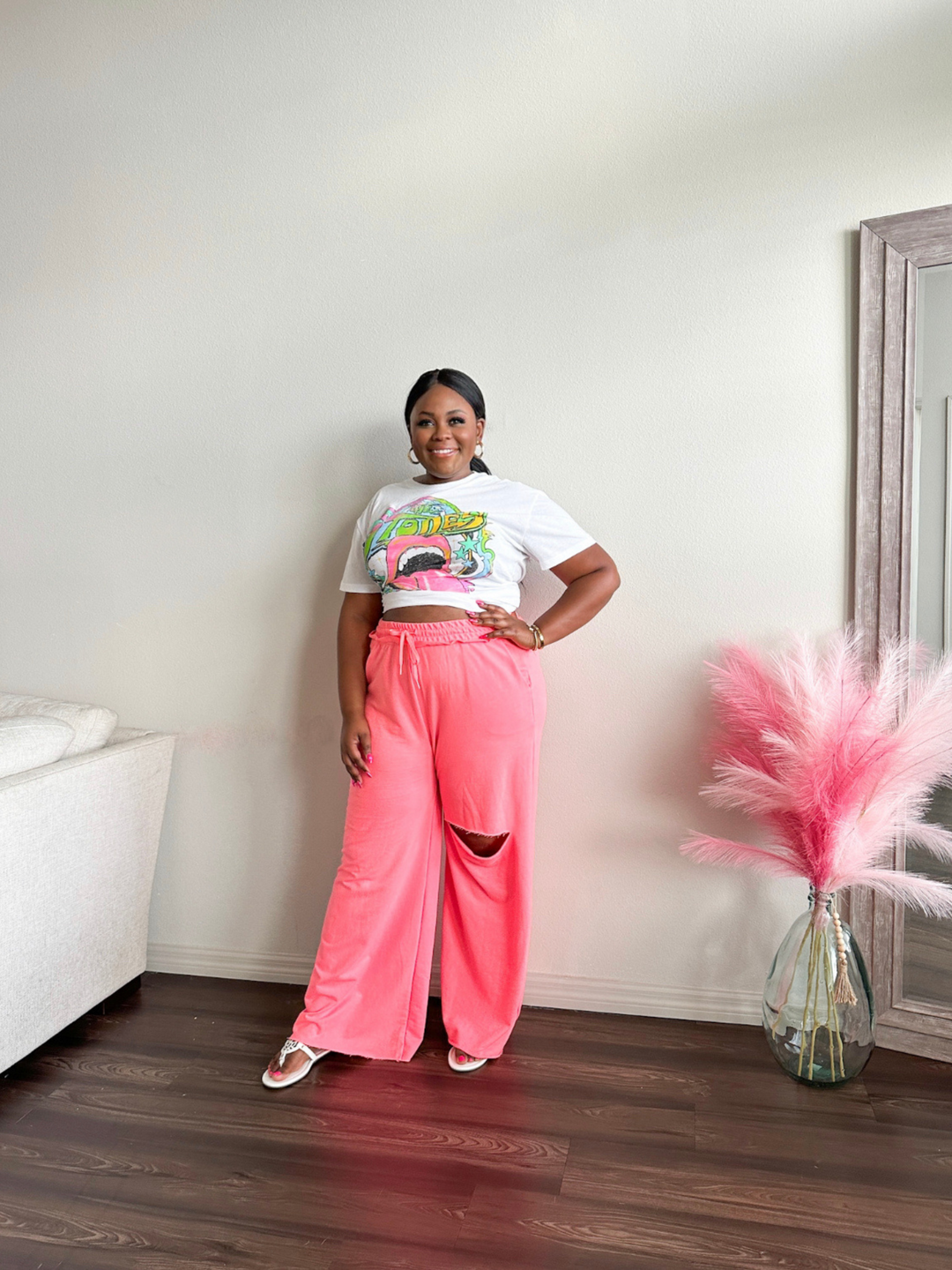 Too Blessed to be Distressed Laser Cutout Pants (Neon Peach) - Eb and Flo